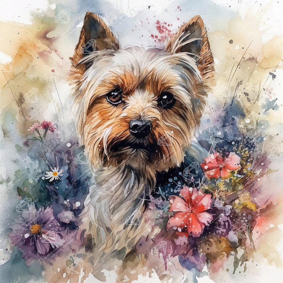Diamond Art Club – Yorkie Diamond Painting with Spring Flowers (Round Drill, 22" x 22") - Pisgah Needleworks