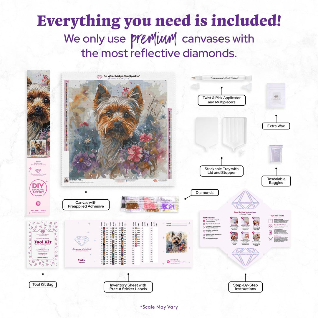 Diamond Art Club – Yorkie Diamond Painting with Spring Flowers (Round Drill, 22" x 22") - Pisgah Needleworks