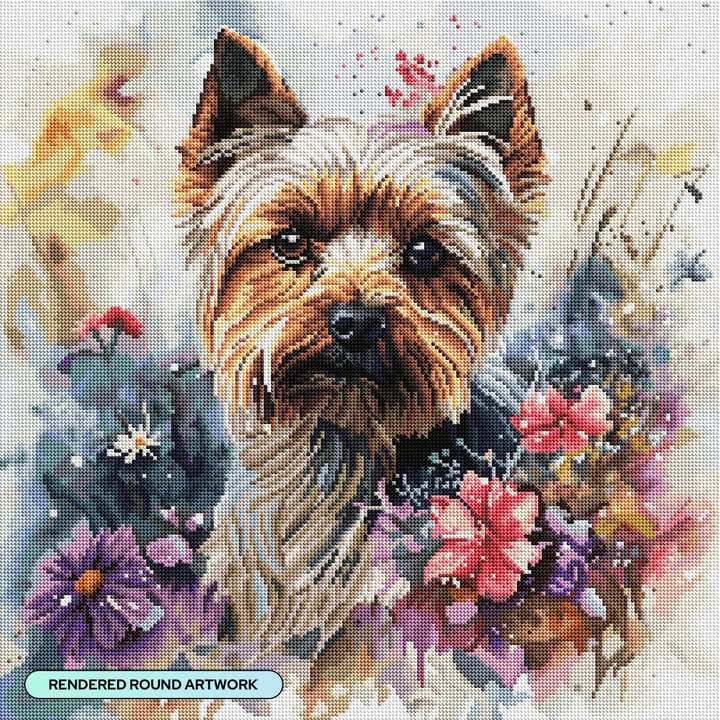 Diamond Art Club – Yorkie Diamond Painting with Spring Flowers (Round Drill, 22" x 22") - Pisgah Needleworks