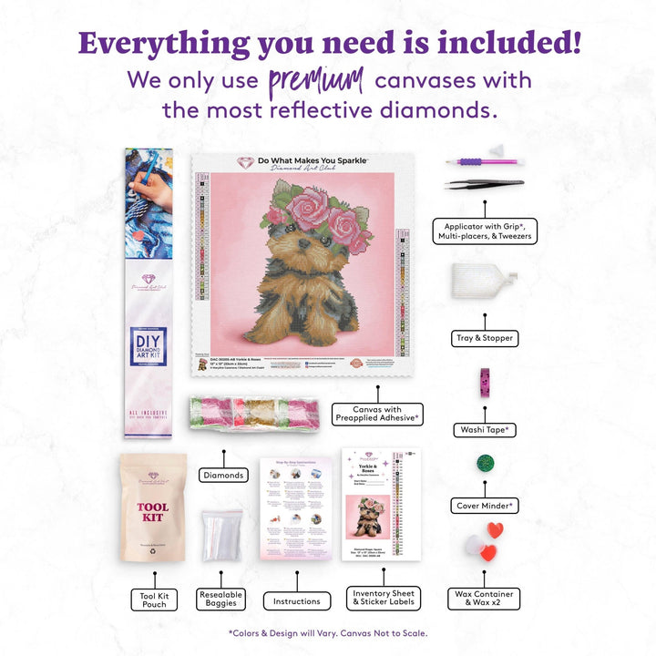 Diamond Art Club® Yorkie & Roses Diamond Painting Kit – Square Drill - Pisgah Needleworks