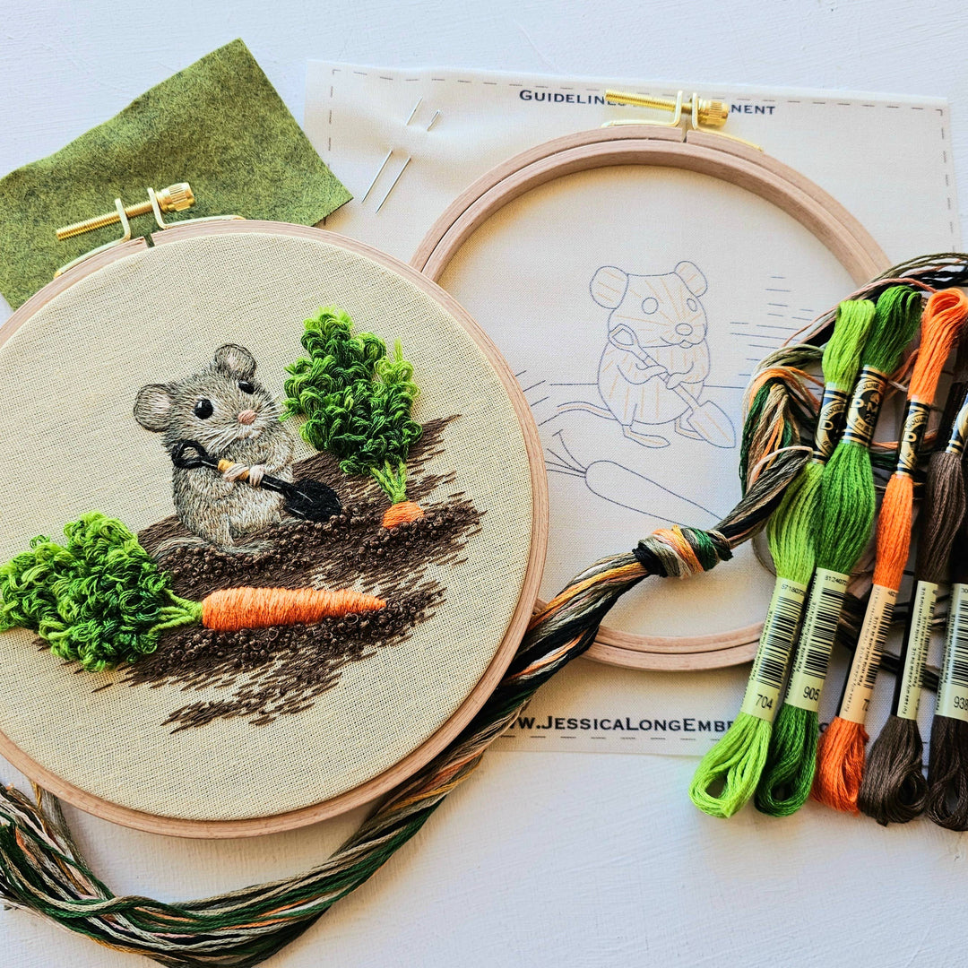 Jessica Long Embroidery – Garden Mouse Embroidery Kit | Thread Painting & Stumpwork Kit