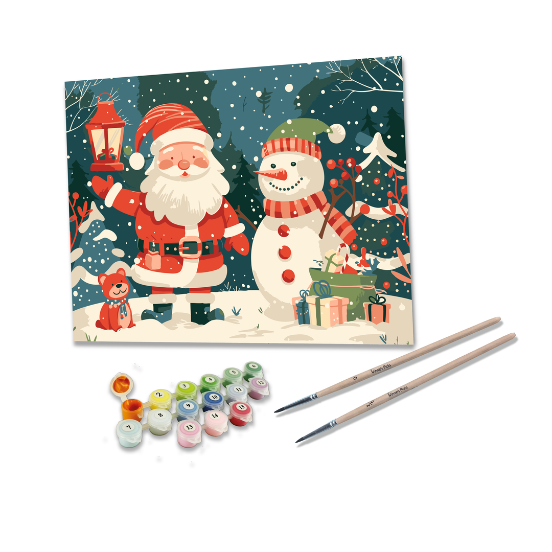 Painting kit with Santa Claus and snowman illustration, paint bottles, and brushes on a white background.