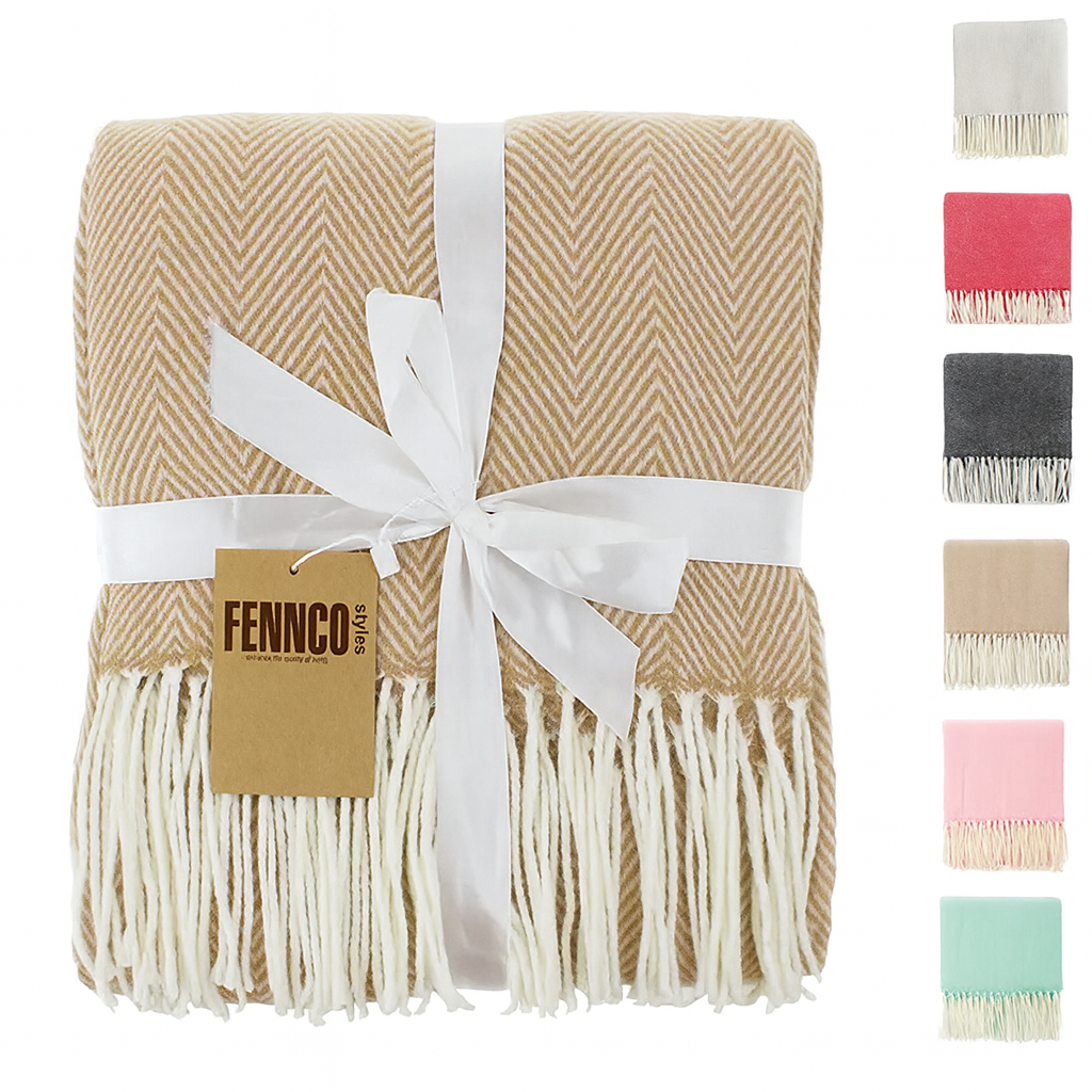 Fennco Styles - Herringbone Throw Blanket with Fringe: Camel - Pisgah Needleworks