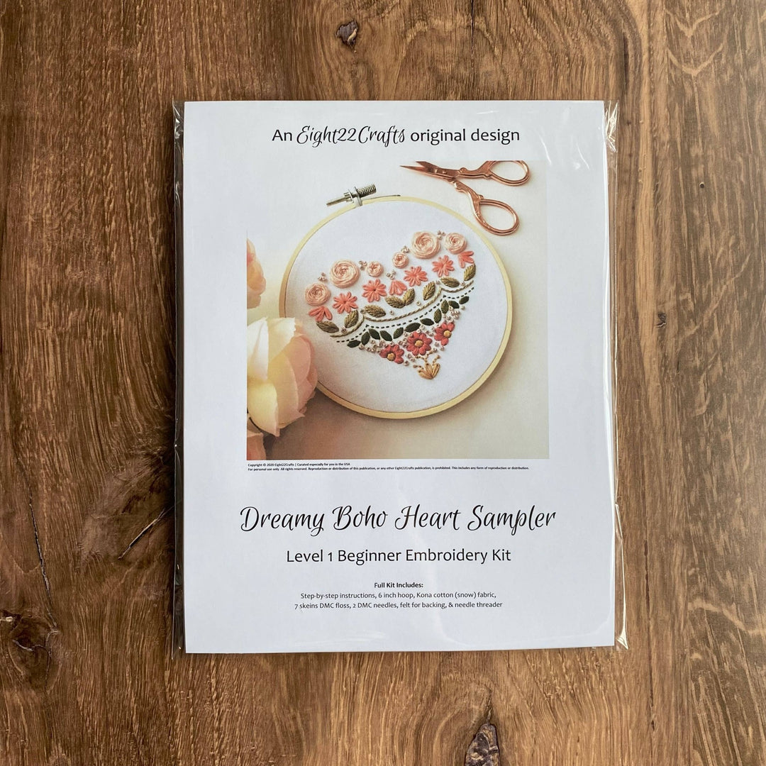 Eight22Crafts - Dreamy Boho Heart Sampler Embroidery Kit, Level 1 - Pisgah Needleworks