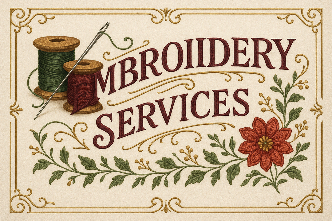Embroidery Services sign for a needleworks shop.