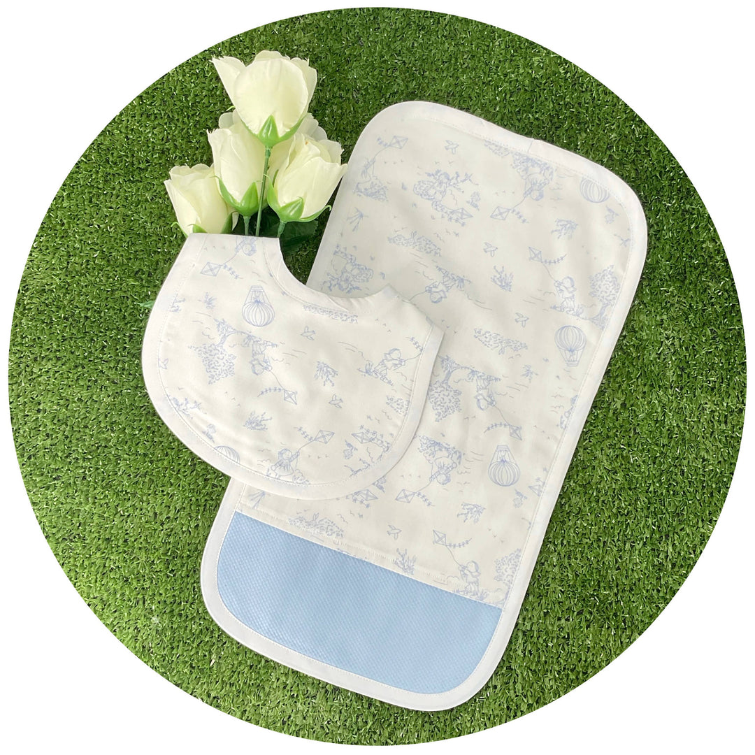 THE ROYALTY COLLECTION - Blue Toile Custom Burp Set: Blue - Pisgah Needleworks