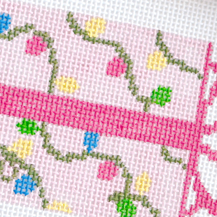 Cotswold Co Designs - Pink Present Christmas Needlepoint Canvas 18 Mesh 2.5”x5” Design, Bow Christmas Needlepoint Ornament, Modern Needlepoint - Pisgah Needleworks