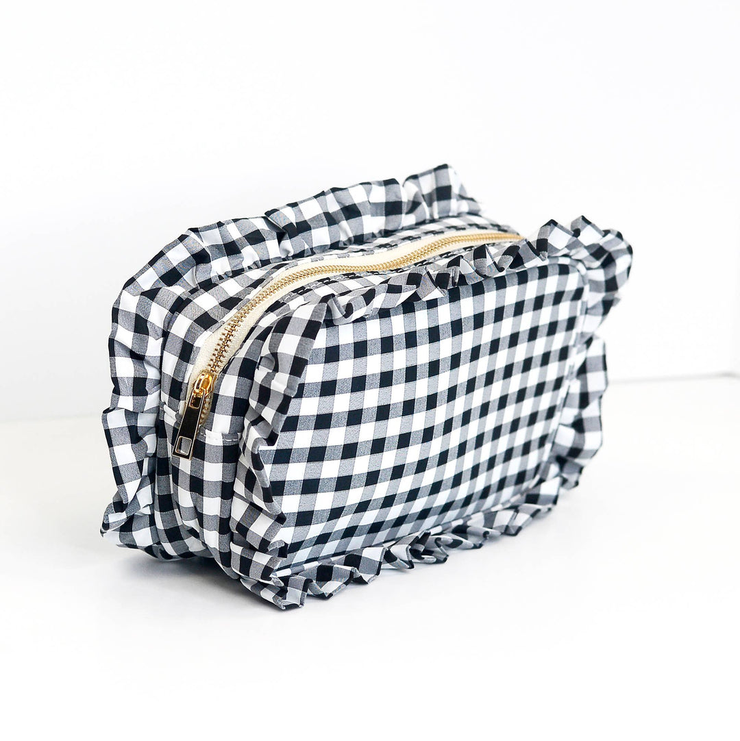 Mugsby - Gingham Ruffle Zipper Pouch Embroidery Friendly Cosmetic Bag: Black - Pisgah Needleworks