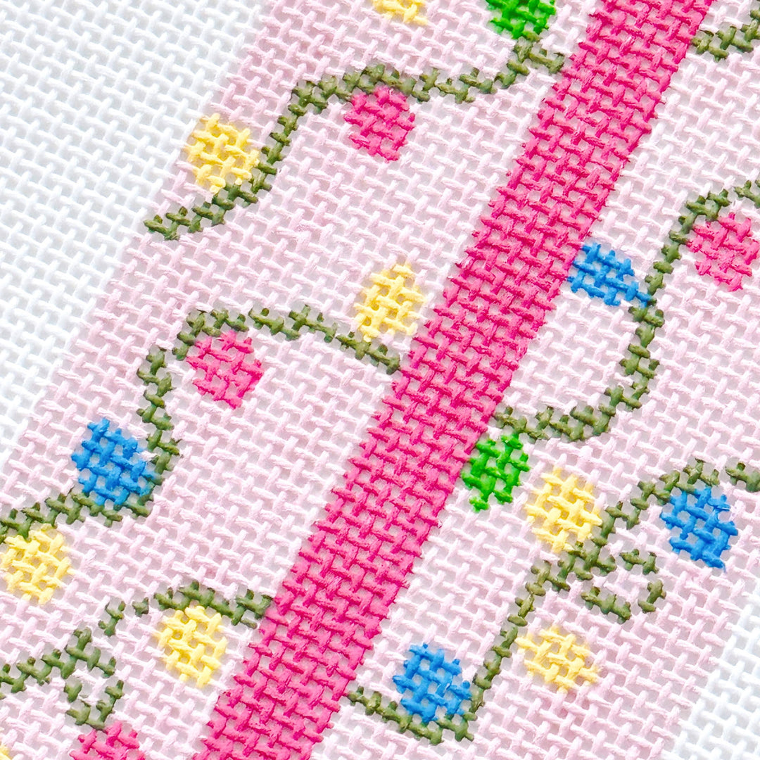 Cotswold Co Designs - Pink Present Christmas Needlepoint Canvas 18 Mesh 2.5”x5” Design, Bow Christmas Needlepoint Ornament, Modern Needlepoint - Pisgah Needleworks