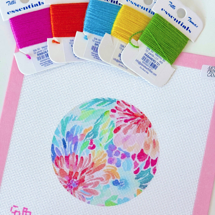 Floral Round Ornament Needlepoint Canvas – Artisan Printed 4x4 | Cotswold Co Designs - Pisgah Needleworks