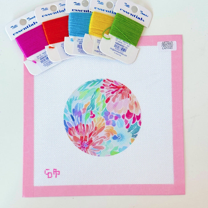 Floral Round Ornament Needlepoint Canvas – Artisan Printed 4x4 | Cotswold Co Designs - Pisgah Needleworks