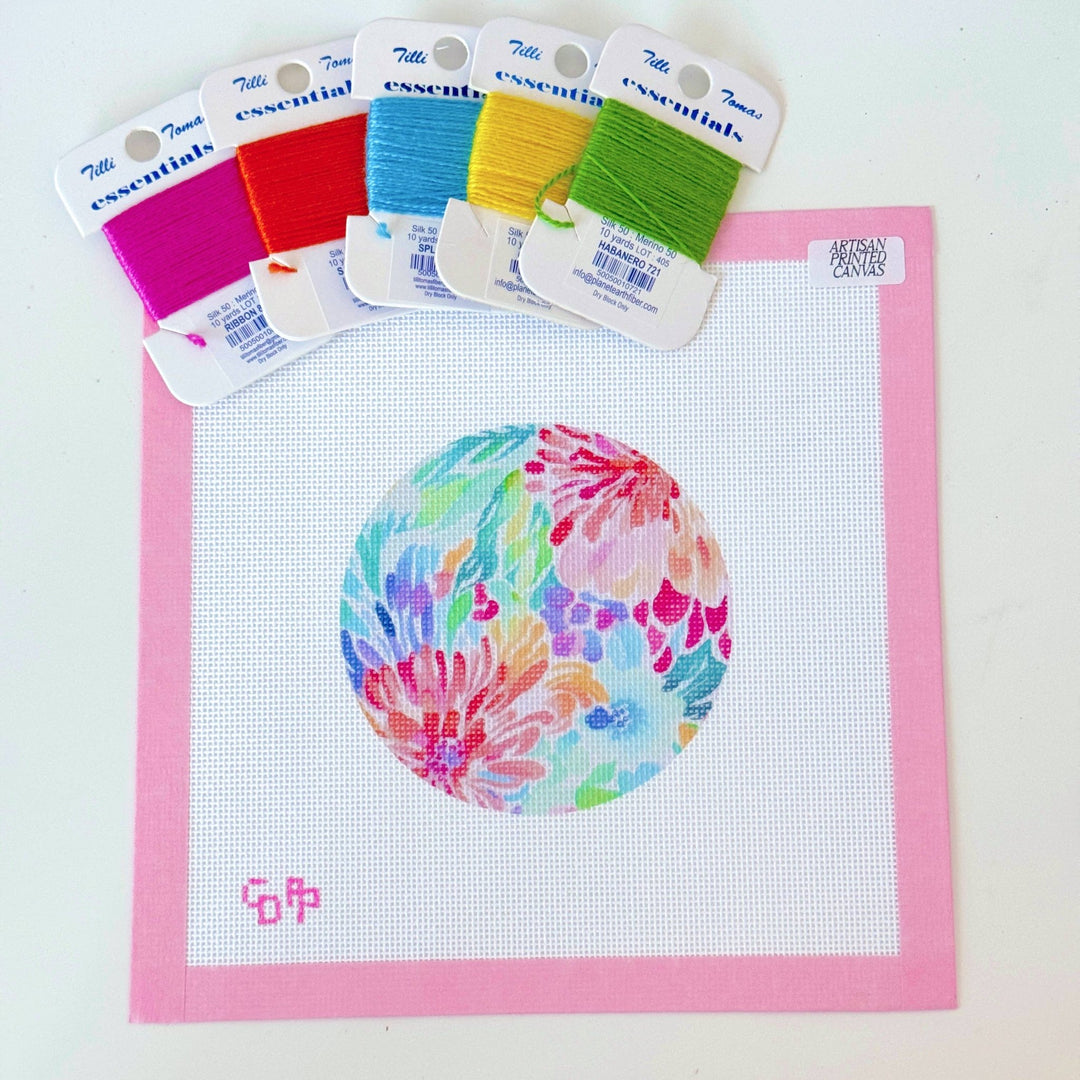 Floral Round Ornament Needlepoint Canvas – Artisan Printed 4x4 | Cotswold Co Designs - Pisgah Needleworks