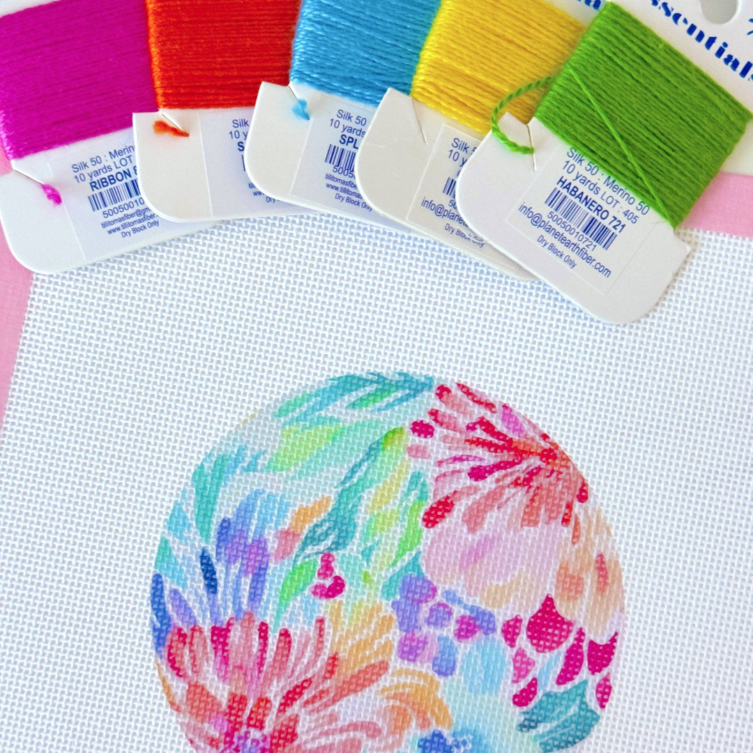 Floral Round Ornament Needlepoint Canvas – Artisan Printed 4x4 | Cotswold Co Designs - Pisgah Needleworks