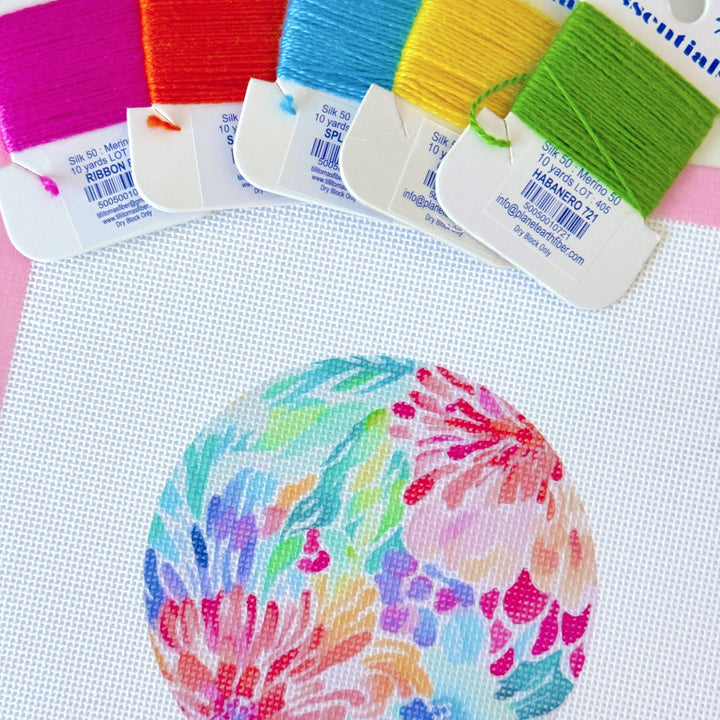 Floral Round Ornament Needlepoint Canvas – Artisan Printed 4x4 | Cotswold Co Designs - Pisgah Needleworks