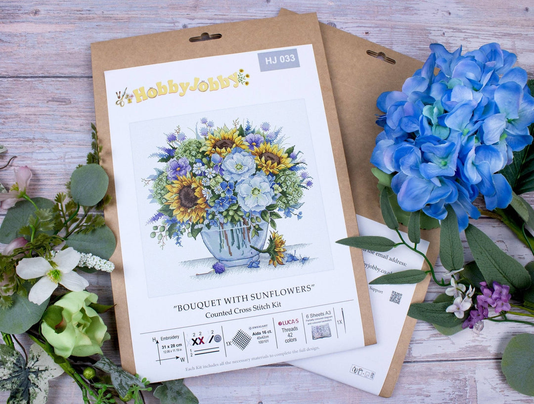 HobbyJobby – Bouquet With Sunflowers Counted Cross Stitch Kit (16ct Aida) - Pisgah Needleworks