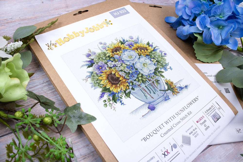 HobbyJobby – Bouquet With Sunflowers Counted Cross Stitch Kit (16ct Aida) - Pisgah Needleworks