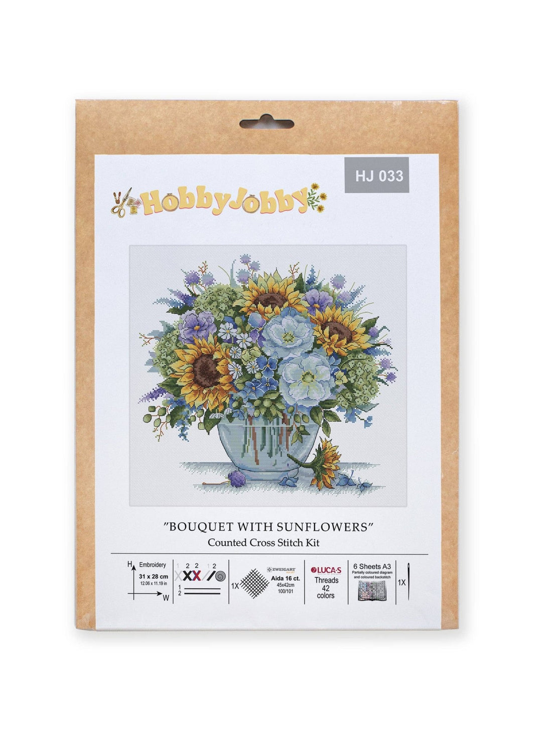 HobbyJobby – Bouquet With Sunflowers Counted Cross Stitch Kit (16ct Aida) - Pisgah Needleworks