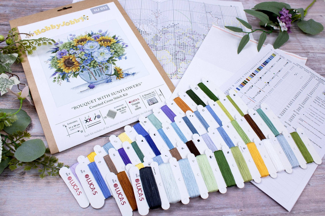 HobbyJobby – Bouquet With Sunflowers Counted Cross Stitch Kit (16ct Aida) - Pisgah Needleworks