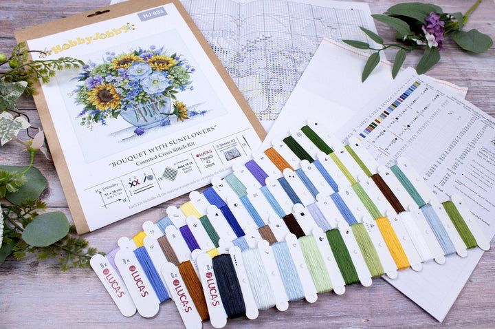 HobbyJobby – Bouquet With Sunflowers Counted Cross Stitch Kit (16ct Aida) - Pisgah Needleworks