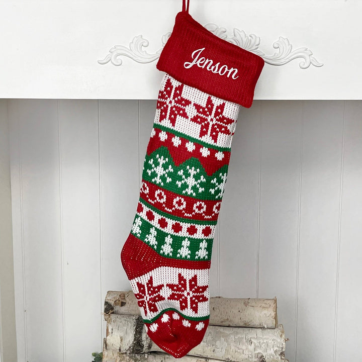 Holiday Blanks - Extra Large Knit Stocking Blanks with Snowflake Deer patterns and Pet Stockings with Woof and Meow: Snowflake with red cuff - Pisgah Needleworks