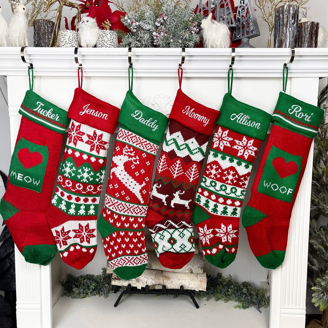 Holiday Blanks - Extra Large Knit Stocking Blanks with Snowflake Deer patterns and Pet Stockings with Woof and Meow: Snowflake with red cuff - Pisgah Needleworks