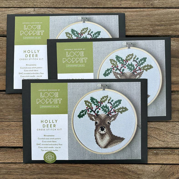 Holly Deer Cross Stitch Kit – Love Poppet Festive Design - Pisgah Needleworks