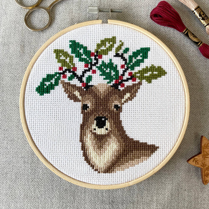 Holly Deer Cross Stitch Kit – Love Poppet Festive Design - Pisgah Needleworks