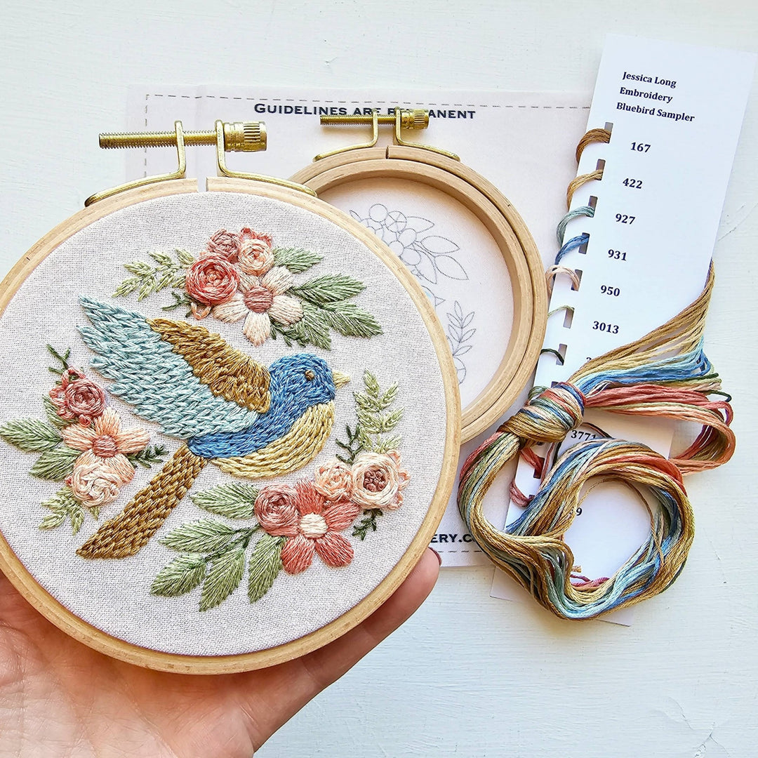 Jessica Long Embroidery - Bluebird Sampler beginner hand embroidery kit - Pisgah Needleworks