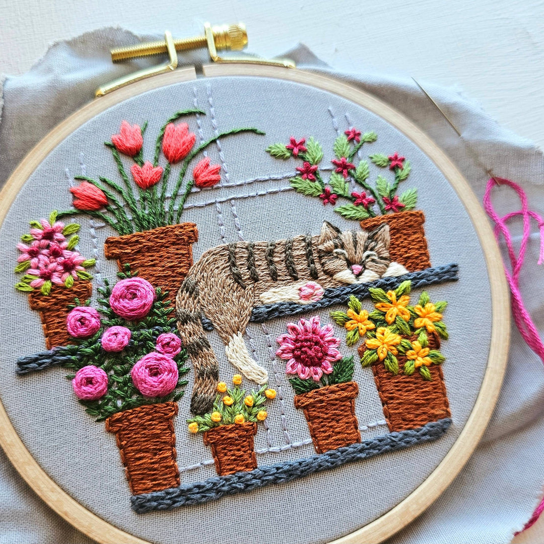 Jessica Long Embroidery - Catnap with Flowers Embroidery Kit - Pisgah Needleworks