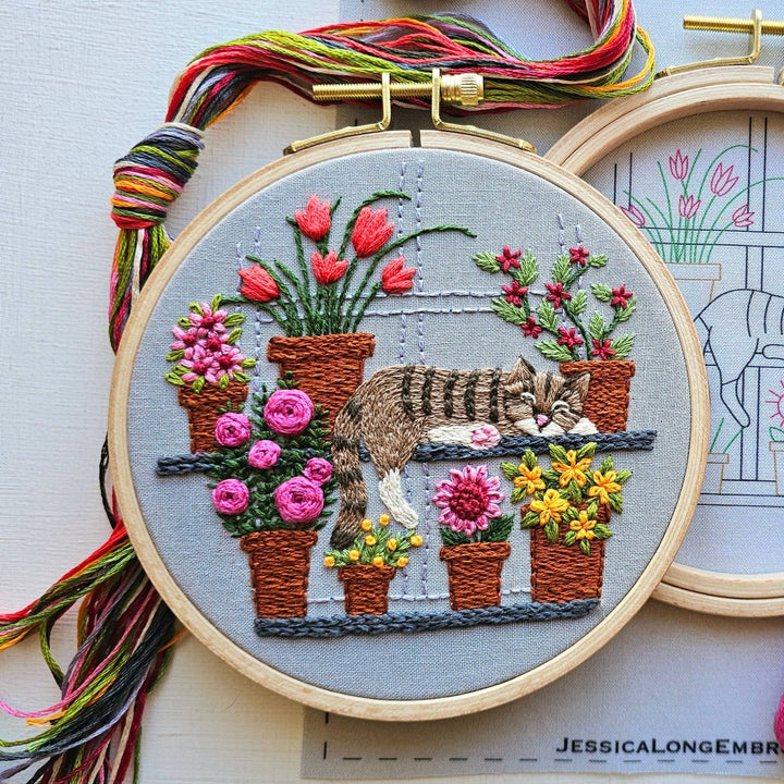 Jessica Long Embroidery - Catnap with Flowers Embroidery Kit - Pisgah Needleworks