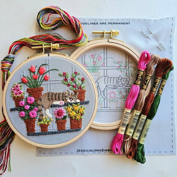 Jessica Long Embroidery - Catnap with Flowers Embroidery Kit - Pisgah Needleworks
