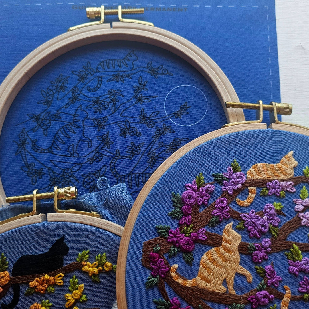 Jessica Long Embroidery - Cats & Full Moon Embroidery Kit: Black Cats - Pisgah Needleworks