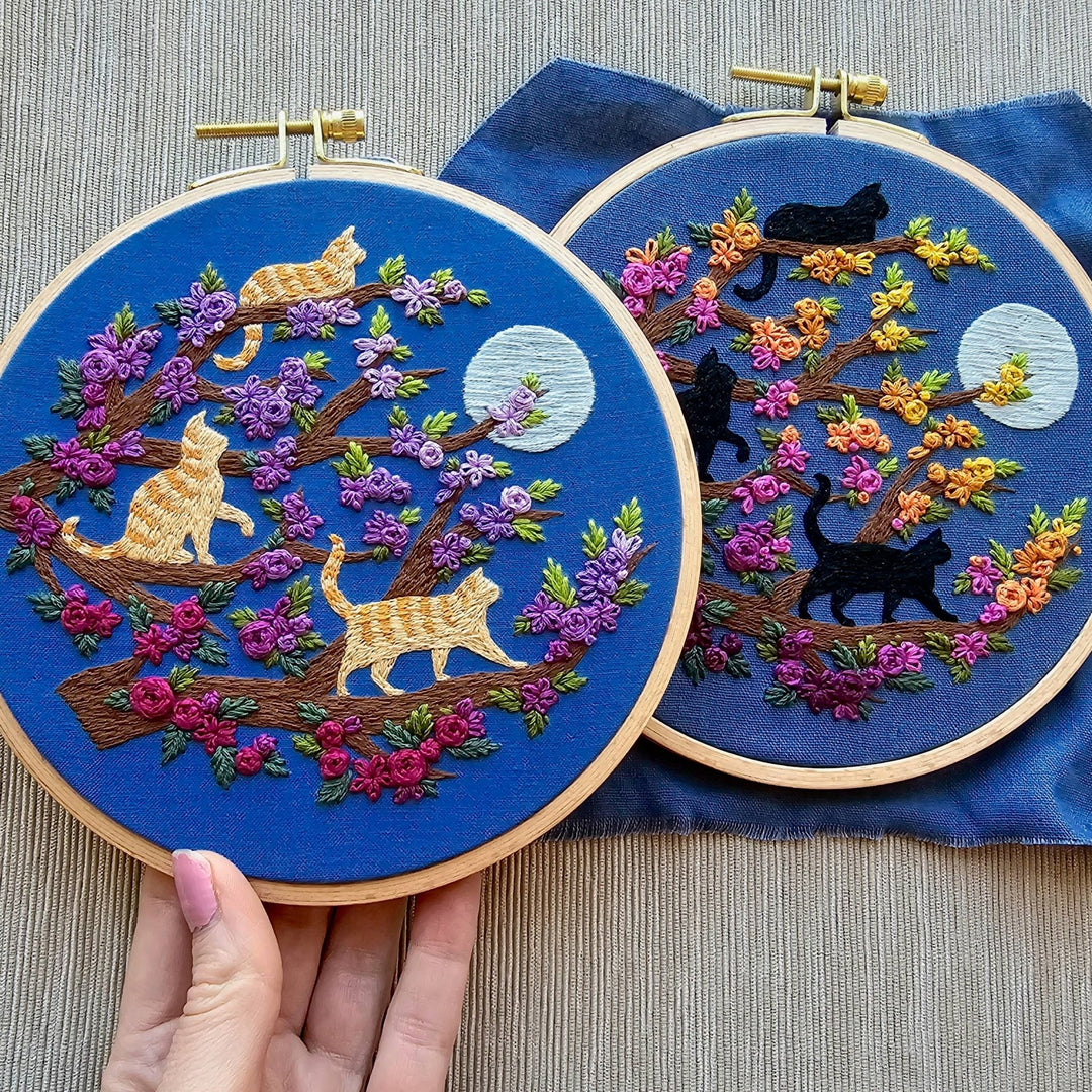 Jessica Long Embroidery - Cats & Full Moon Embroidery Kit: Black Cats - Pisgah Needleworks