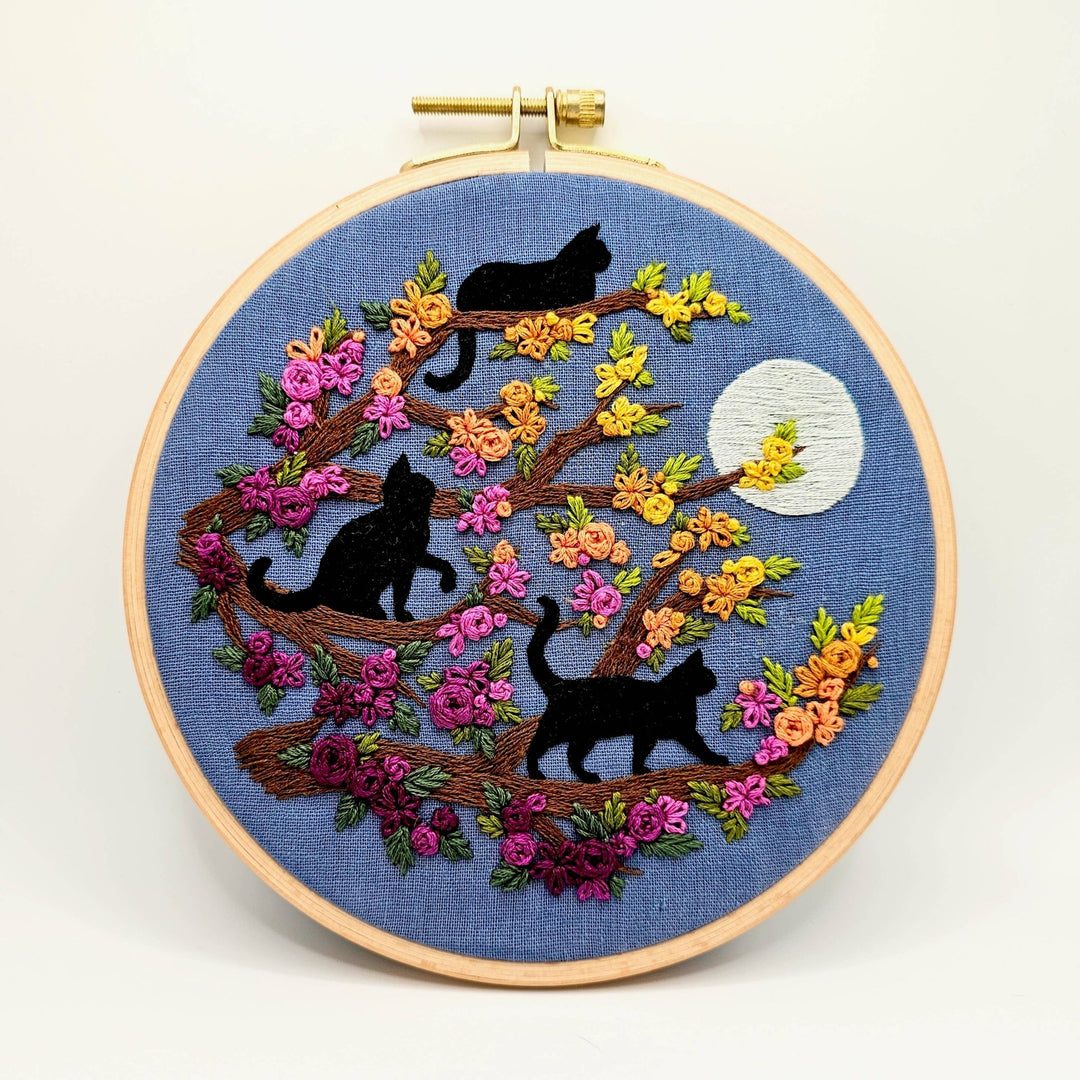 Jessica Long Embroidery - Cats & Full Moon Embroidery Kit: Black Cats - Pisgah Needleworks