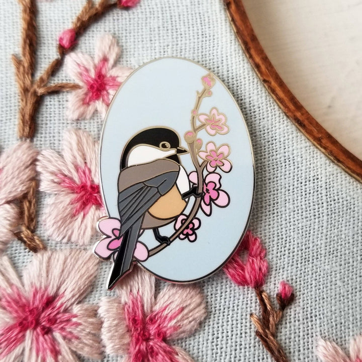 Jessica Long Embroidery Chickadee Enamel Needle Minder - Pisgah Needleworks