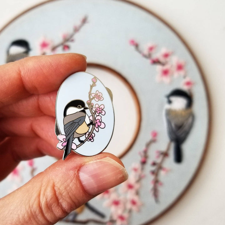 Jessica Long Embroidery Chickadee Enamel Needle Minder - Pisgah Needleworks