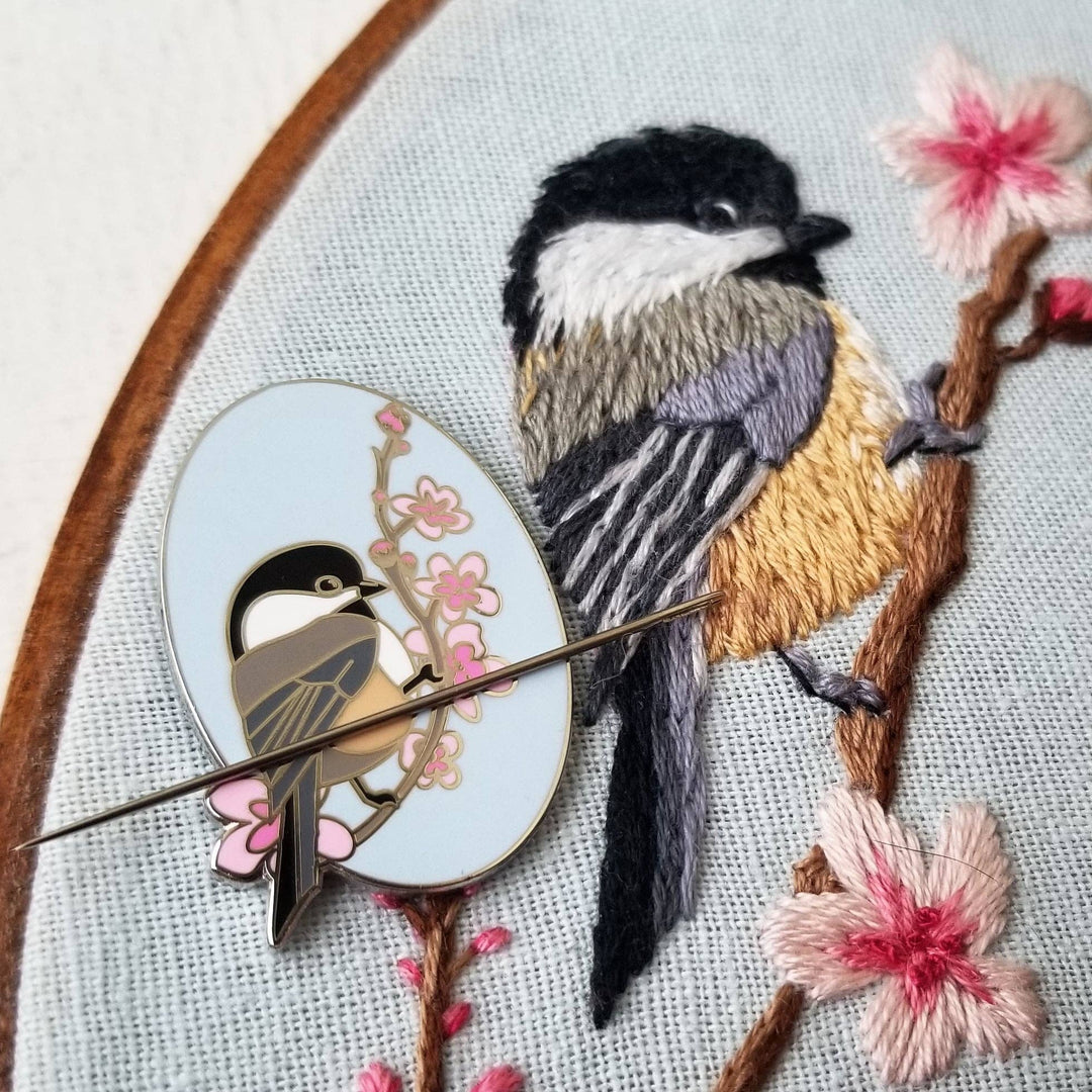 Jessica Long Embroidery Chickadee Enamel Needle Minder - Pisgah Needleworks