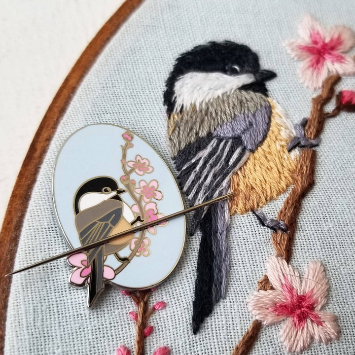 Jessica Long Embroidery Chickadee Enamel Needle Minder - Pisgah Needleworks