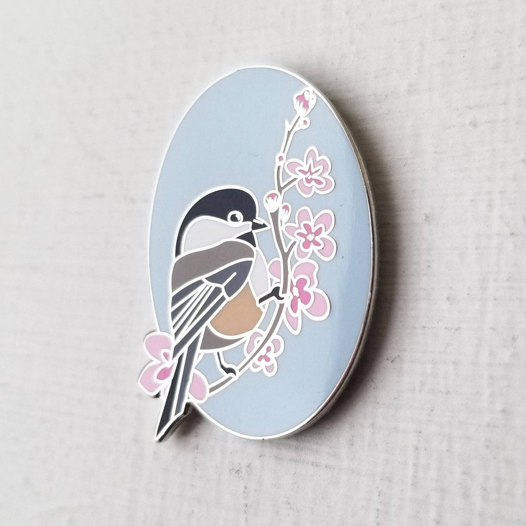 Jessica Long Embroidery Chickadee Enamel Needle Minder - Pisgah Needleworks