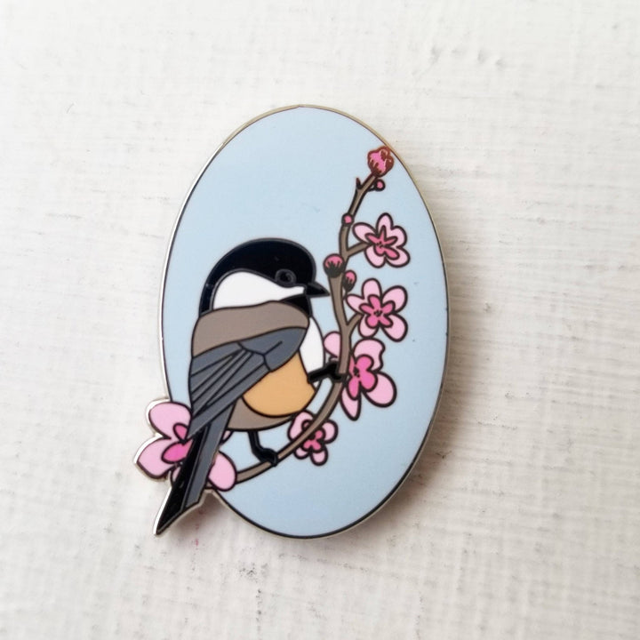Jessica Long Embroidery Chickadee Enamel Needle Minder - Pisgah Needleworks
