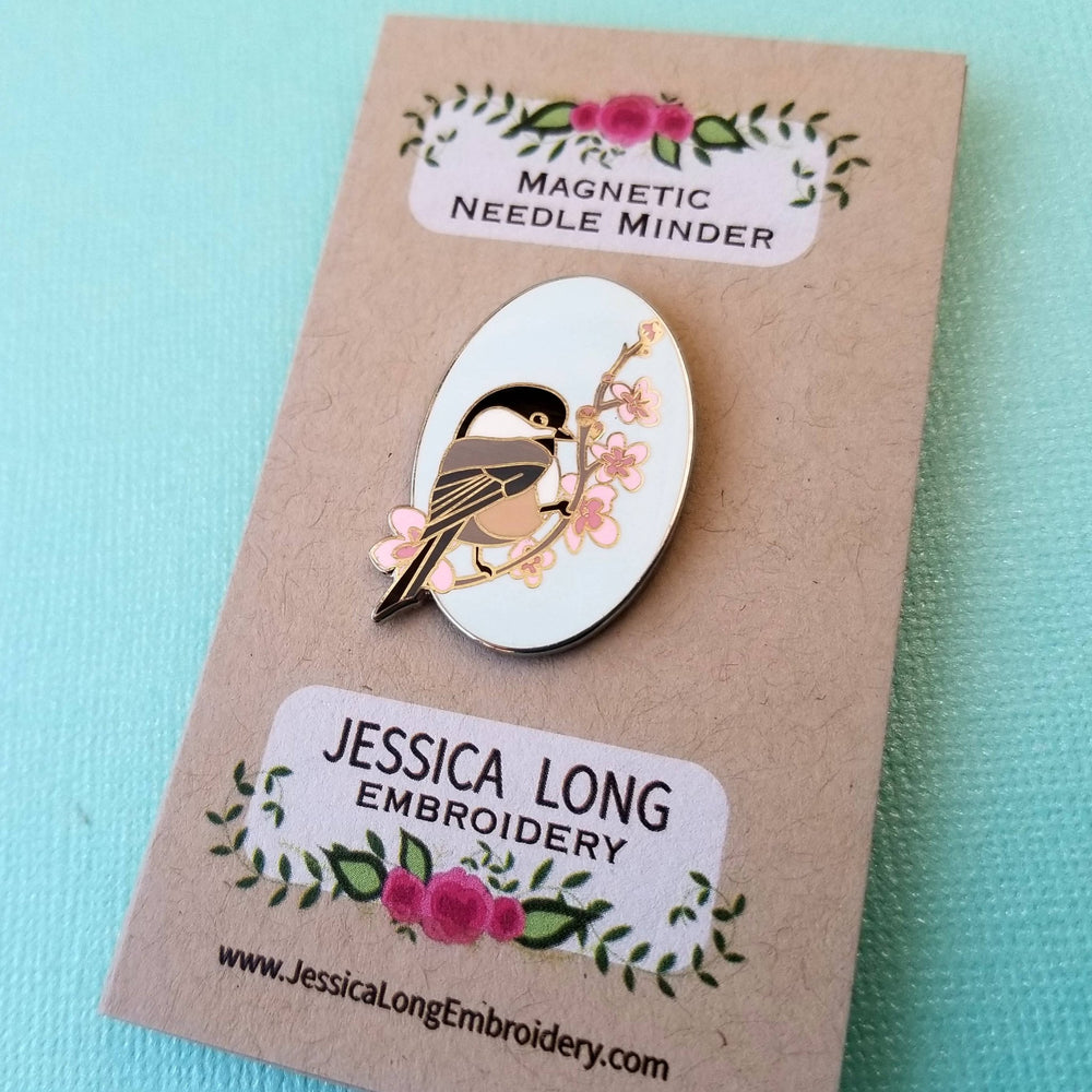 Jessica Long Embroidery Chickadee Enamel Needle Minder - Pisgah Needleworks