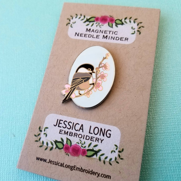 Jessica Long Embroidery Chickadee Enamel Needle Minder - Pisgah Needleworks