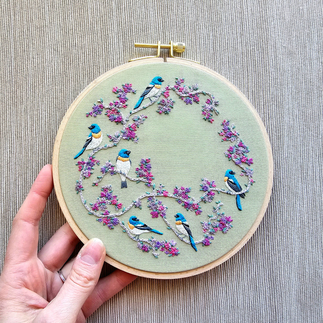Embroidery hoop with birds and flowers on a textured surface