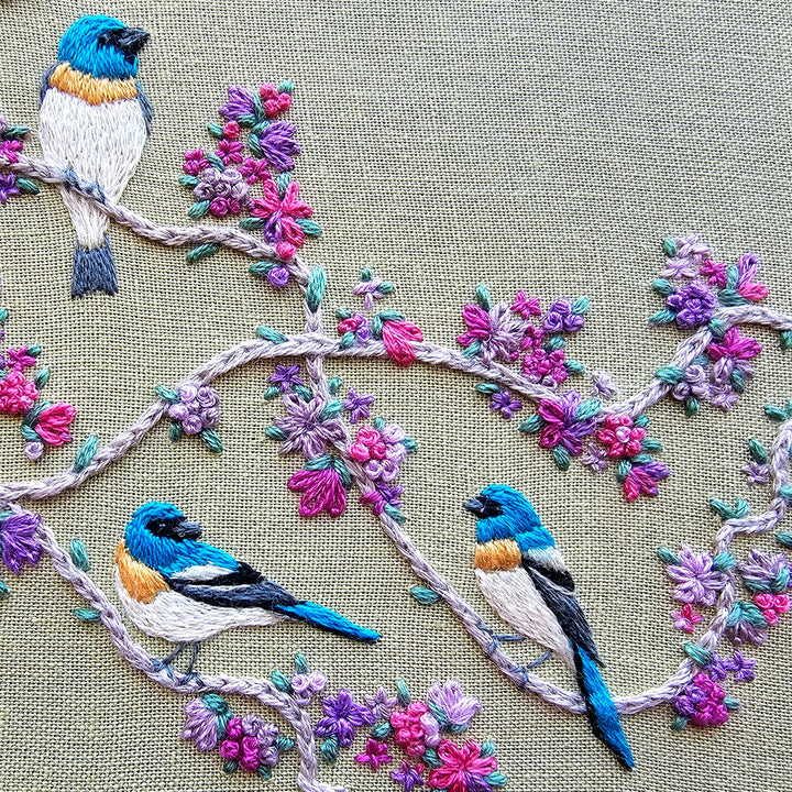 Embroidered design of birds and flowers on a fabric background