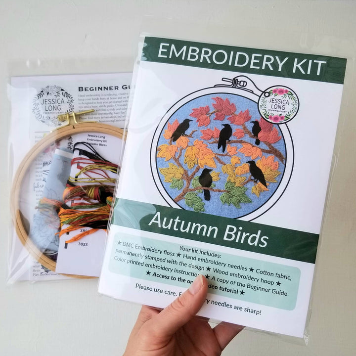 Embroidery kit with 'Autumn Birds' design on a white background