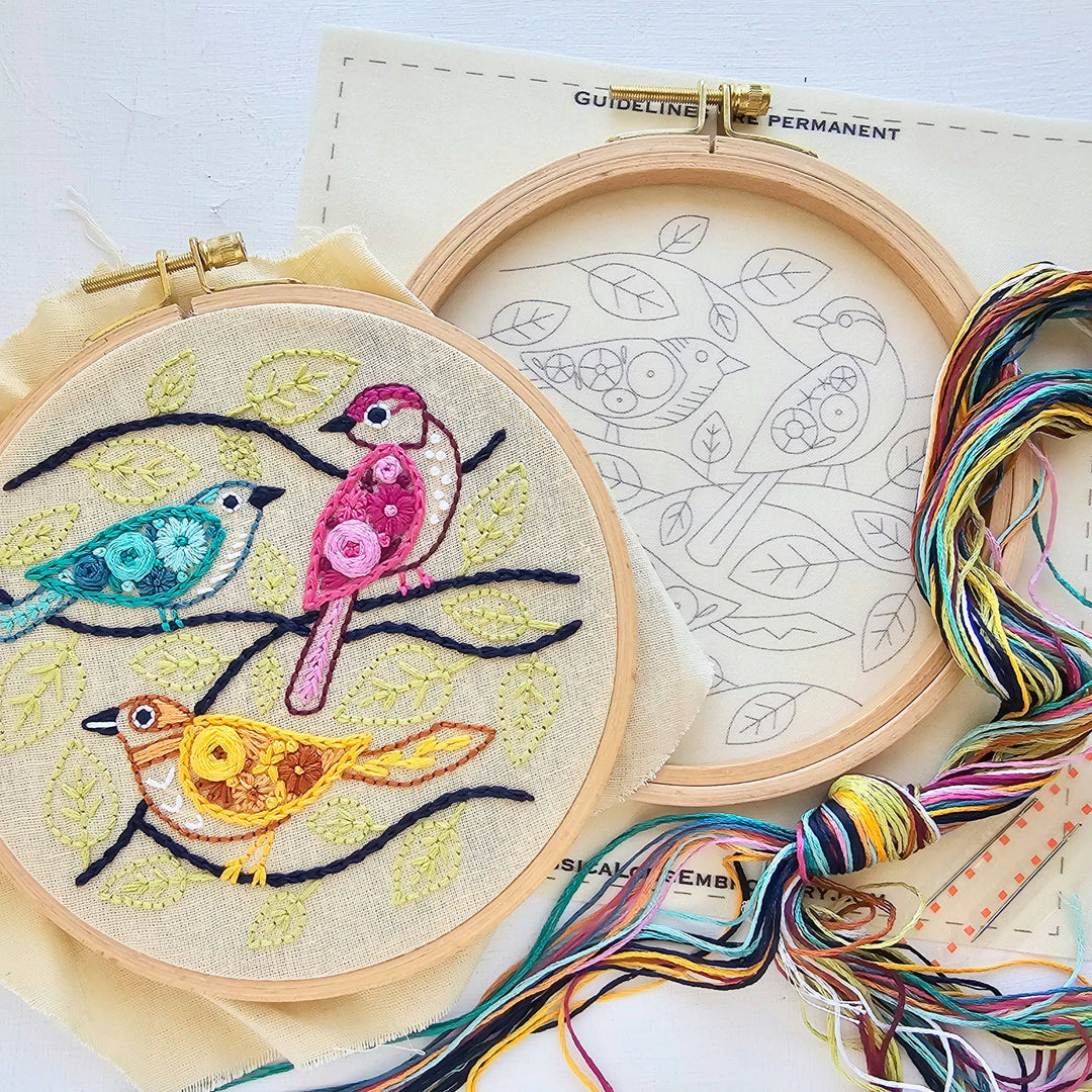 Embroidery hoop with colorful birds and a pattern, surrounded by embroidery threads.