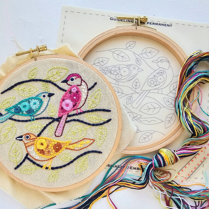 Embroidery hoop with colorful birds and a pattern, surrounded by embroidery threads.