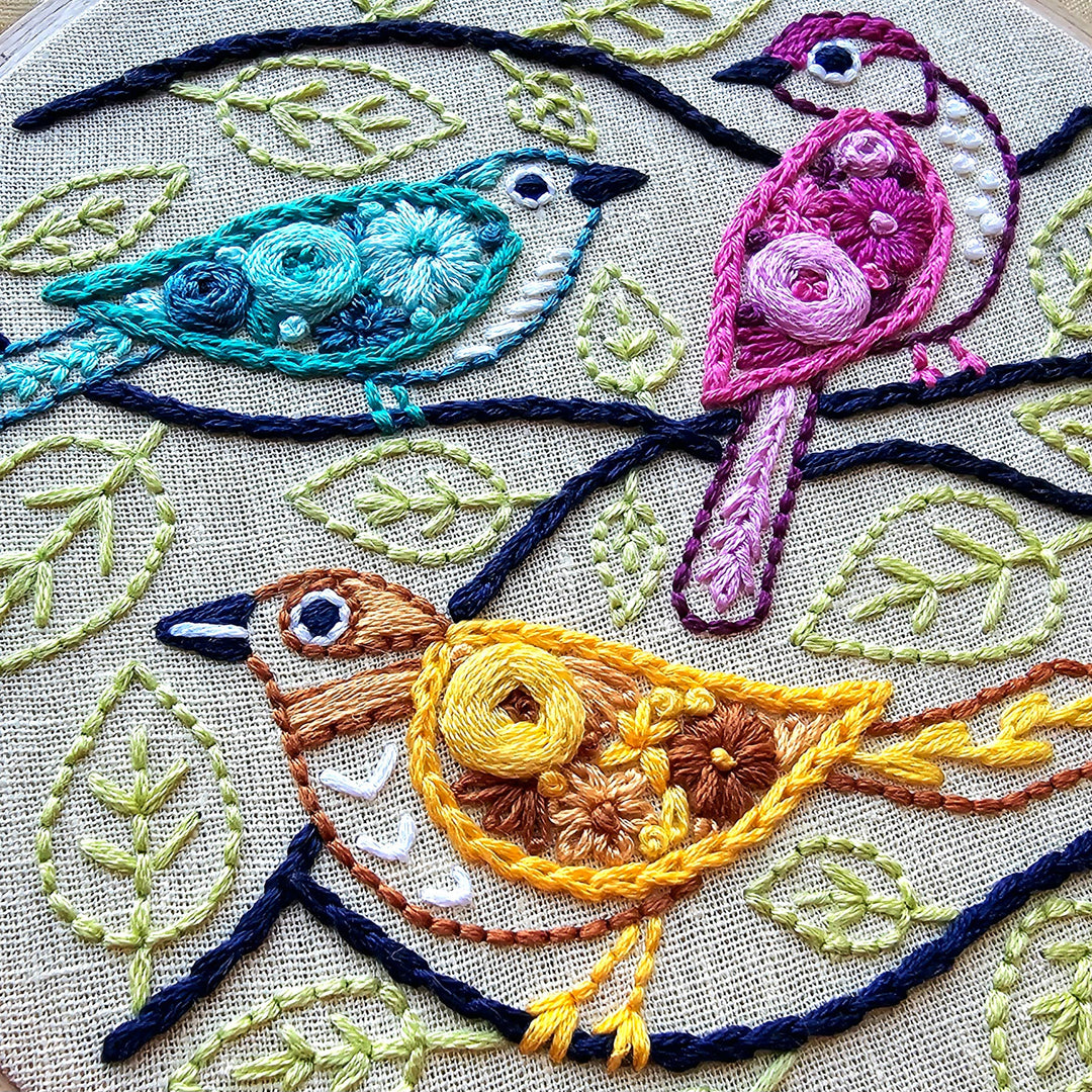 Embroidered design of three colorful birds on fabric