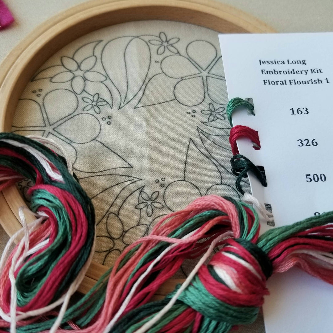 Embroidery hoop with floral design, colorful threads, and an embroidery kit label.