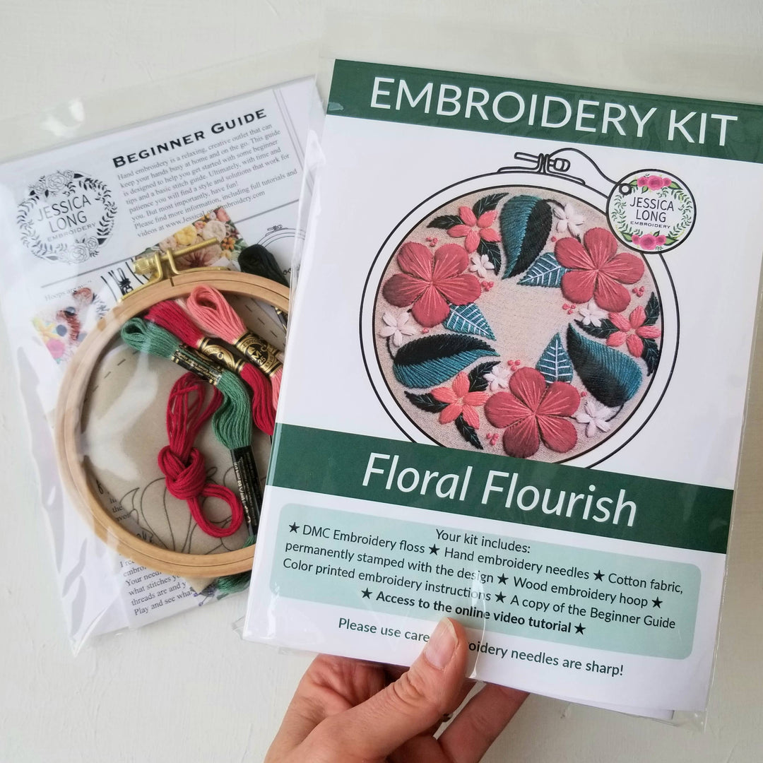 Embroidery kit with floral design, including a hand holding the kit and an embroidery hoop with thread.